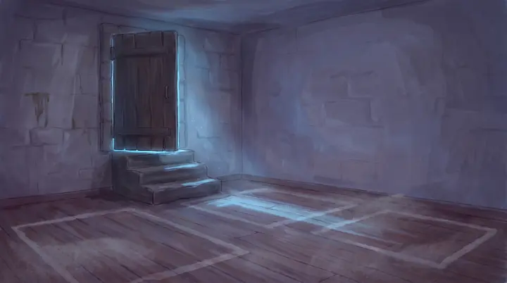 Stairs leading down into a dim cellar, a faint light behind the door