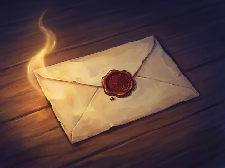A sealed envelope with a dark red wax seal on an old wooden table